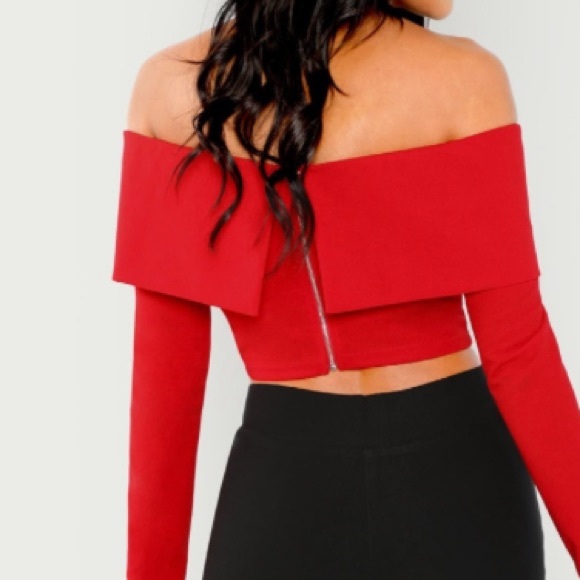 Red Cropped, Off- Shoulder Top Criss-Cross - Picture 3 of 4